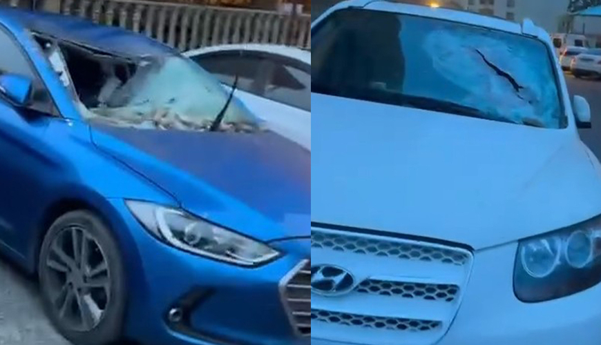 Bakıda binanın fasadı uçaraq maşınları zədələdi- Video