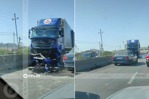 Abşeronda yuxulu sürücü yük maşınını beton arakəsməyə çırpdı - VİDEO