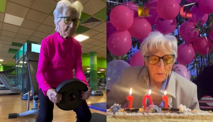 101-летняя пенсионерка ежедневно по два часа тренируется с гантелями в зале - ФОТО